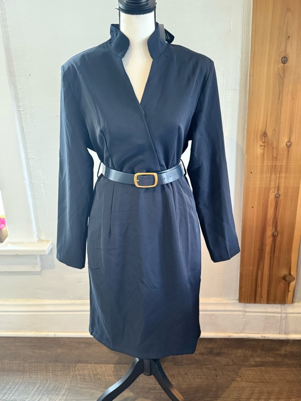 Dark Navy Long-Sleeve Midi Dress